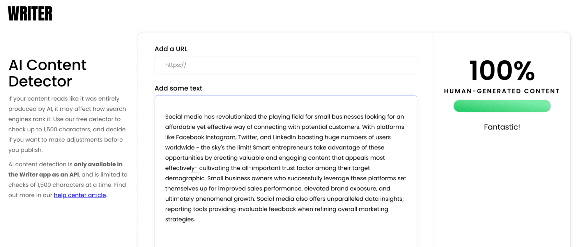 Writer’s AI content detector results for Undetectable AI text.