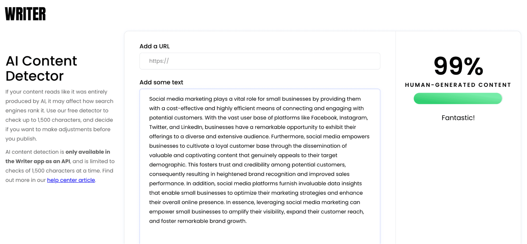 Writer’s AI content detector test results for rewritten ChatGPT text.