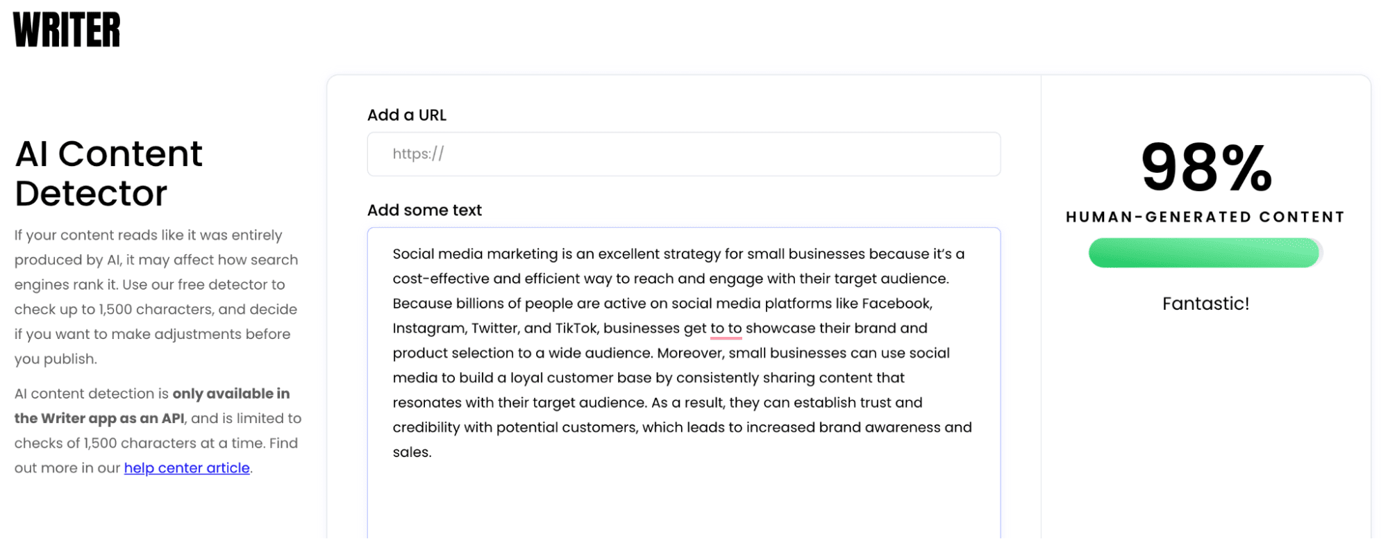 Writer’s AI content detection results for manually rewritten text.