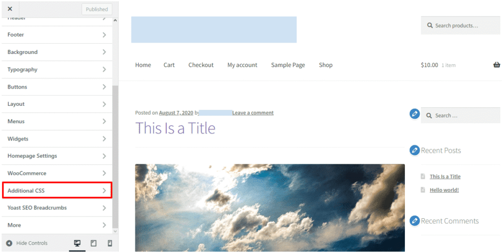 Appearance > Customise > Additional CSS