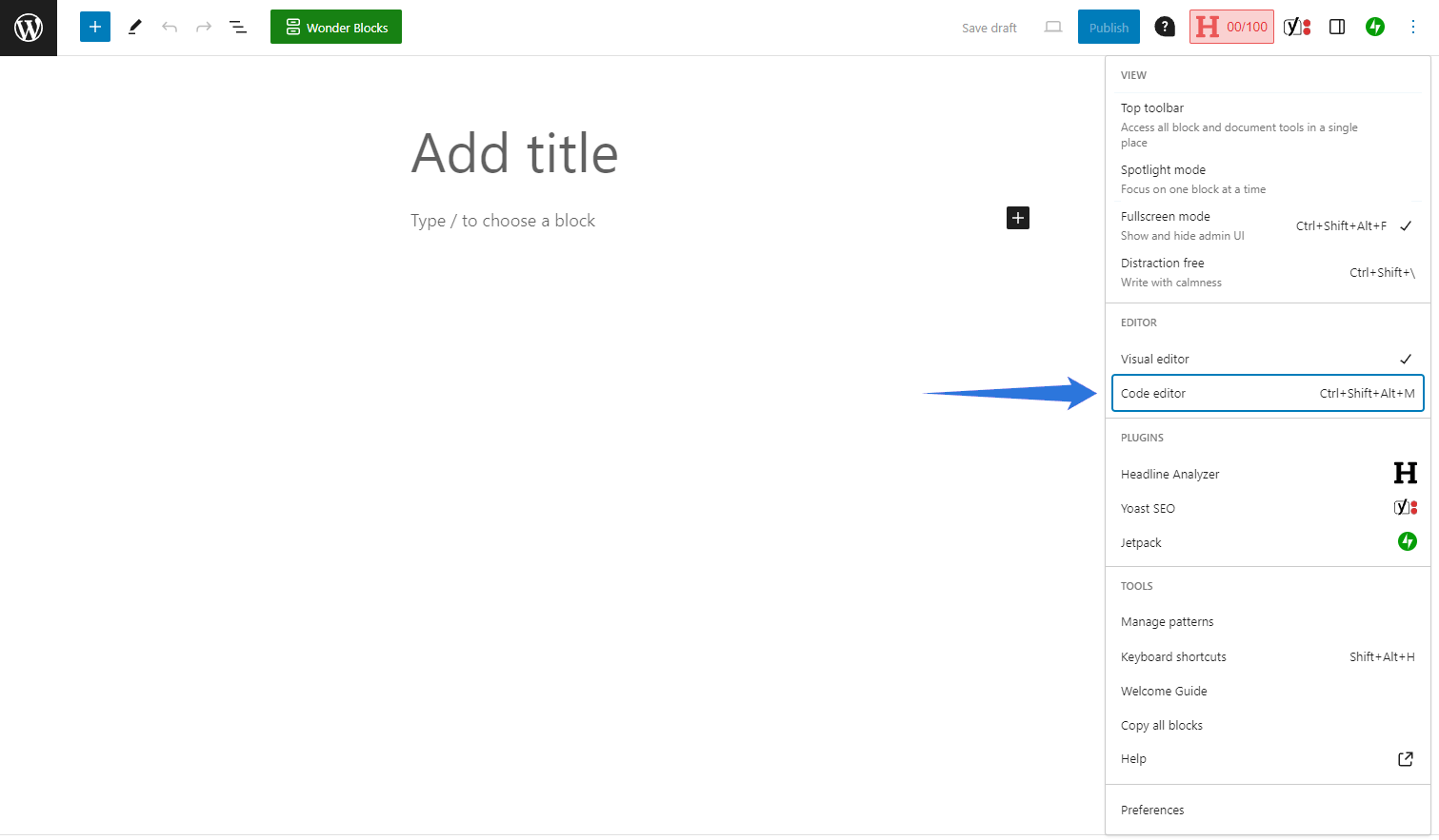 You can access the Code Editor within the Block Editor, too.
