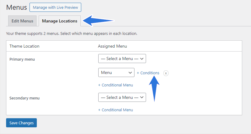 Setting the conditions for your menu means it’ll only show up on certain pages.