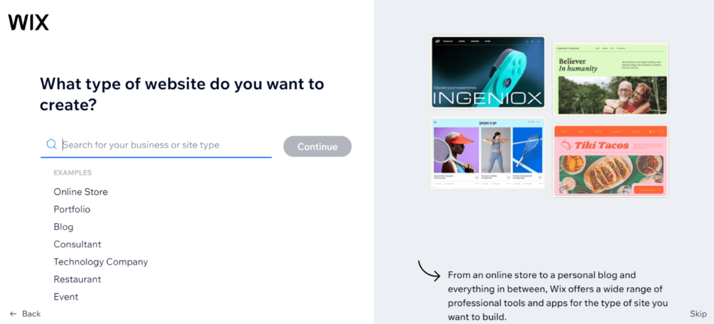 image of Wix page, selecting which type of website to create