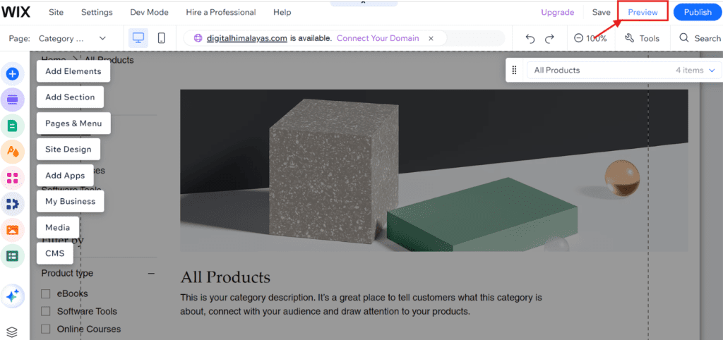 Image of website preview on wix 