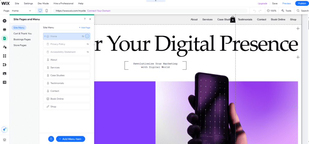 Image of wix dashboard