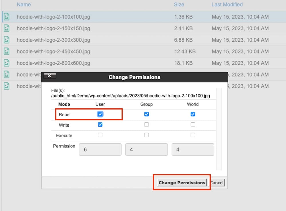 Changing-permissions-image-file-cPanel
